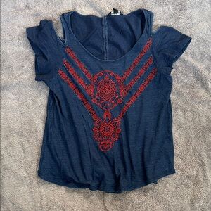 Lucky Brand Navy and Crimson Embroidered Tee